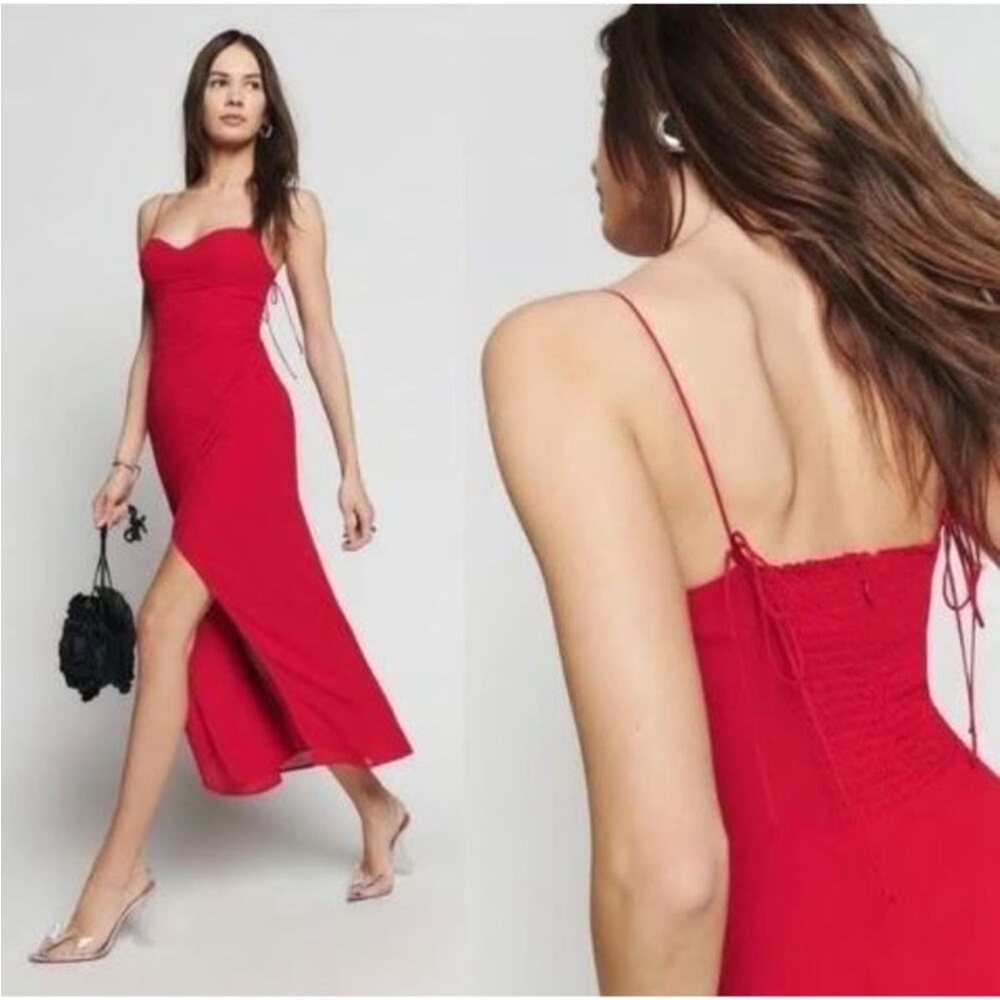 Red Dress midi cocktail party date slit bustier tie bow straps corset sweetheart - Picture 3 of 7